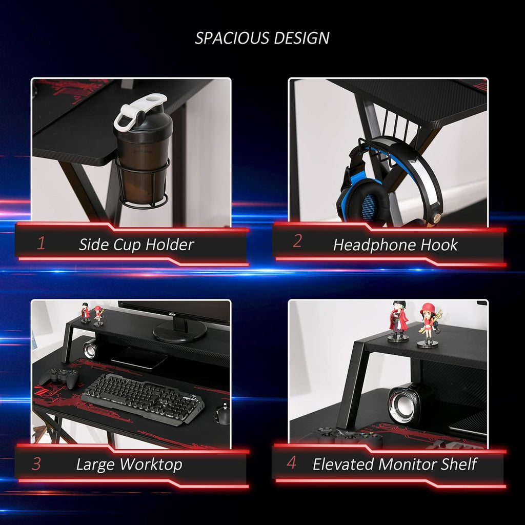 Black Carbon Fiber Style Gaming Desk with Elevated Monitor Shelf Z1646