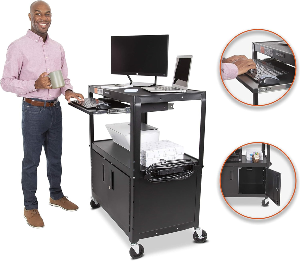 Extra Wide AV Cart with Locking Cabinet and Pullout Keyboard Tray S89360