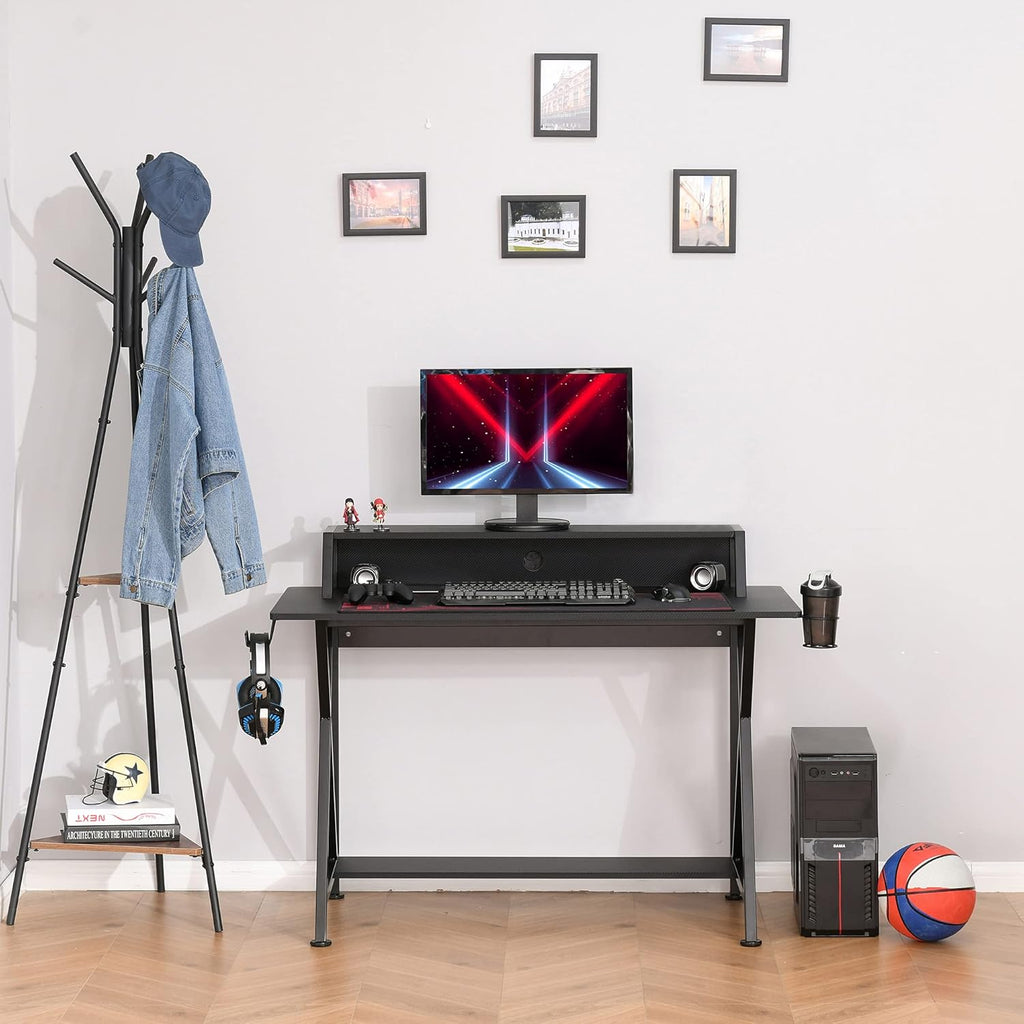 Black Carbon Fiber Style Gaming Desk with Elevated Monitor Shelf Z1646
