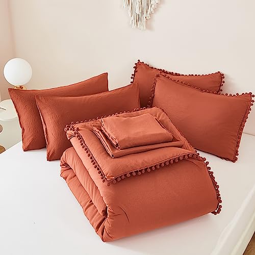 King Size 7 Pieces Terracotta Burnt Orange Comforter Set Q290