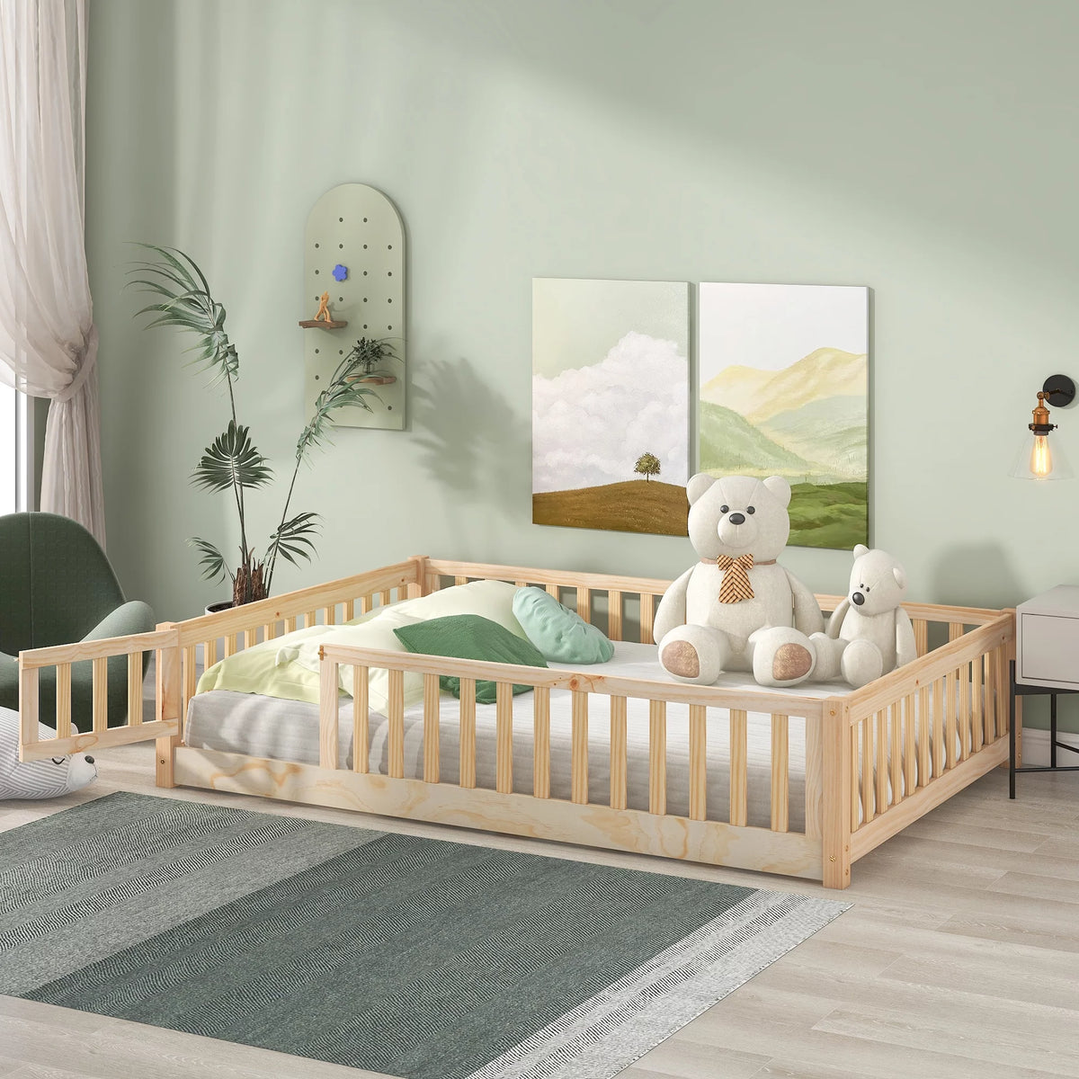 Full Size Wood Floor Bed with Fence Railings M56426