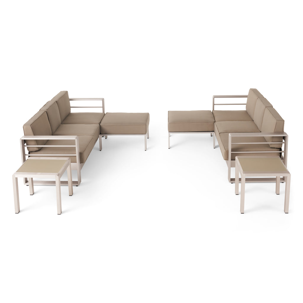 6 Seater Aluminum Sofa and Ottoman Set with Side Tables, Silver and Khaki S7846