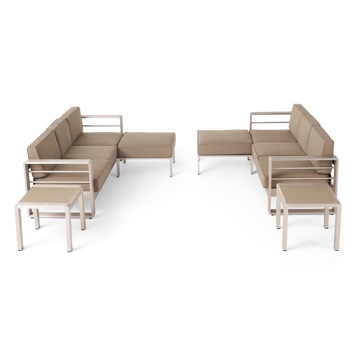 6 Seater Aluminum Sofa and Ottoman Set with Side Tables, Silver and Khaki S7846