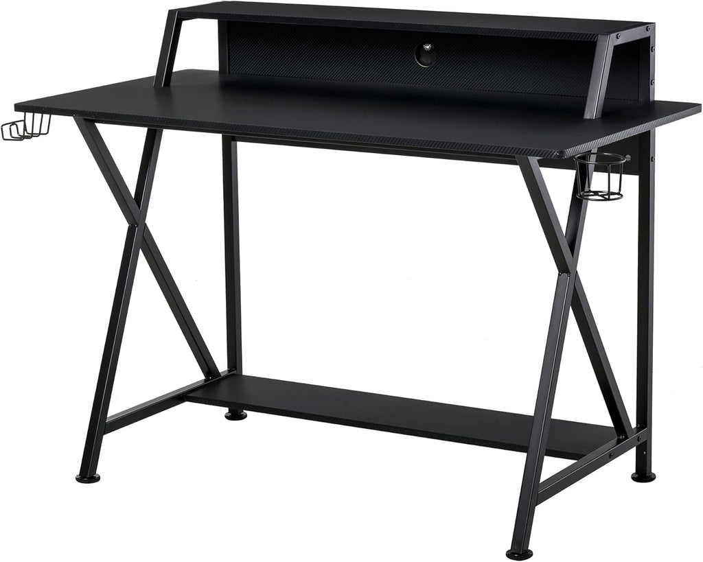 Black Carbon Fiber Style Gaming Desk with Elevated Monitor Shelf Z1646