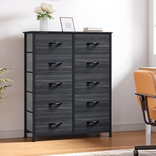 10 Drawer Fabric Storage Dresser with Steel Frame and Wooden Top W893