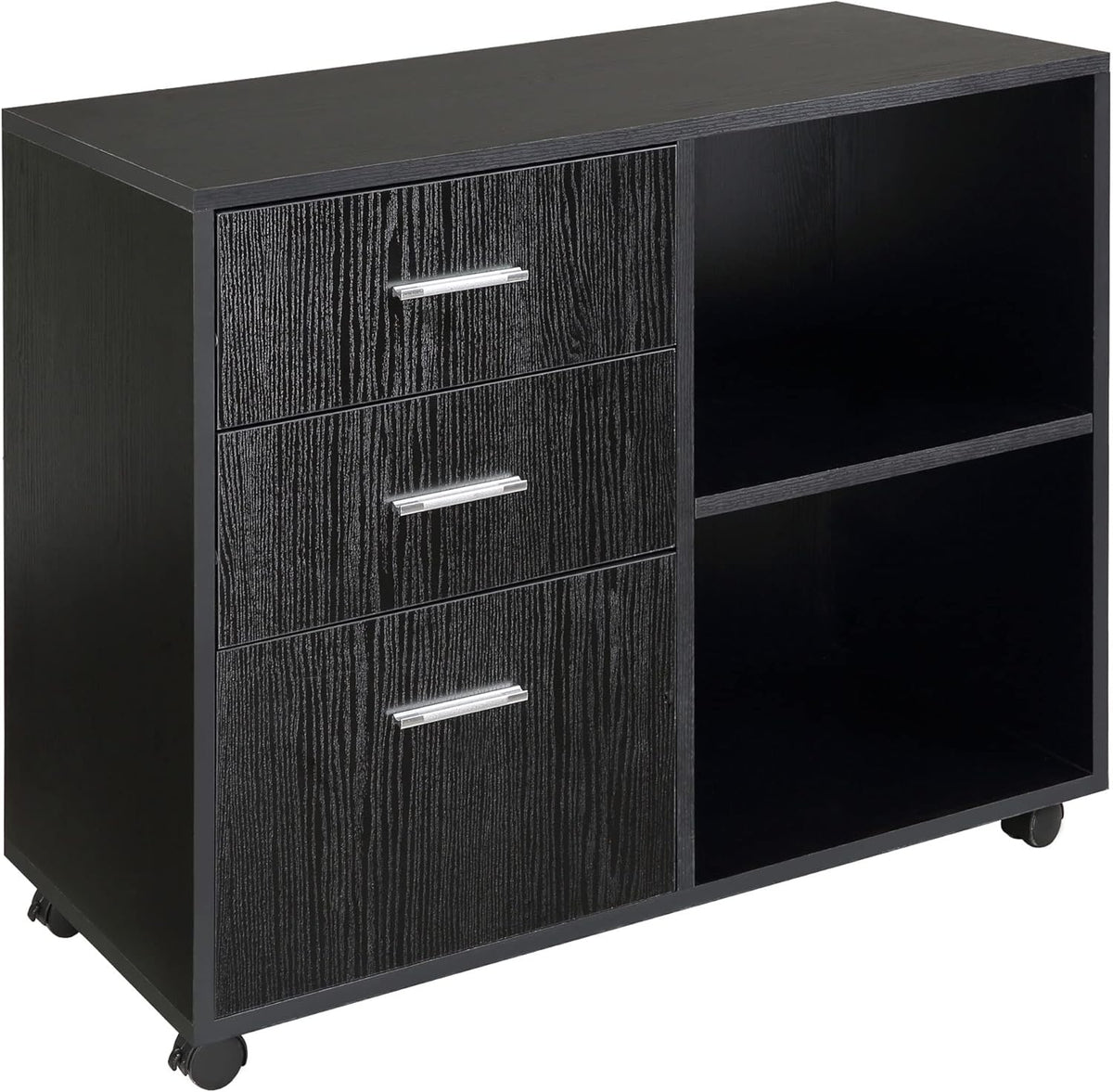 Black 3 Drawer Filing Cabinet with Open Shelving and 4 Caster Wheels L9735