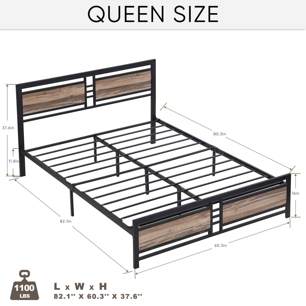 Queen Size Metal Platform Bed Frame with Wood Headboard and Footboard G476403