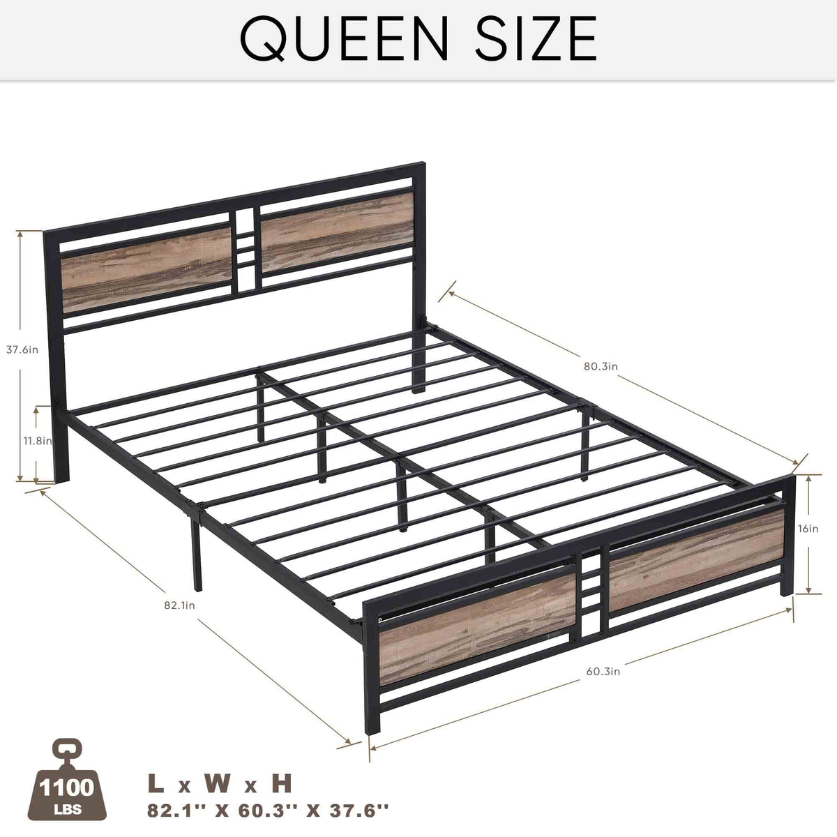 Queen Size Metal Platform Bed Frame with Wood Headboard and Footboard G476403