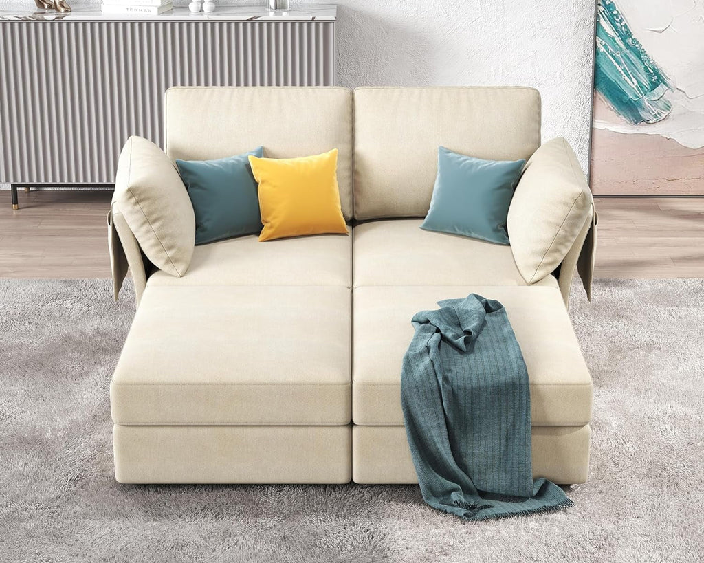 70 Inches Beige Chenille 4 Seats Sectional Sofa with Storage F6044