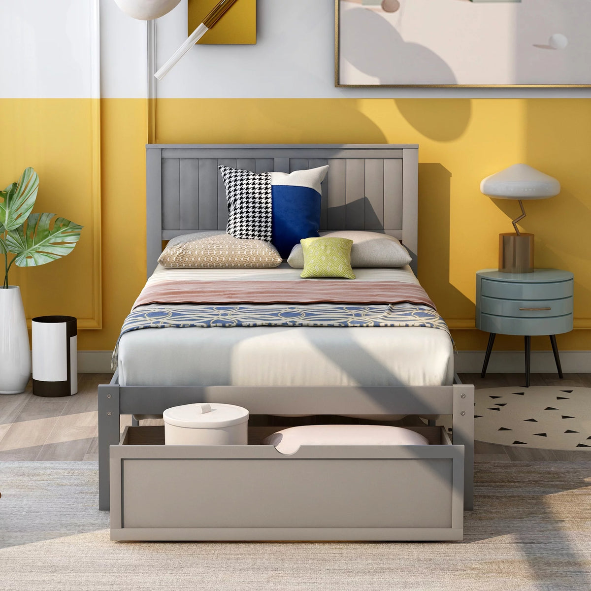 Twin Wood Platform Bed with Headboard & Storage Drawer A459039