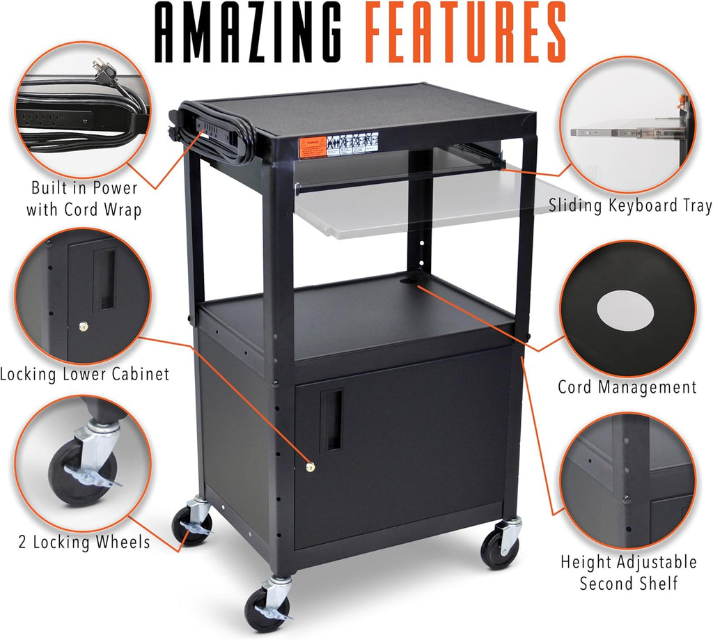 Extra Wide AV Cart with Locking Cabinet and Pullout Keyboard Tray S89360