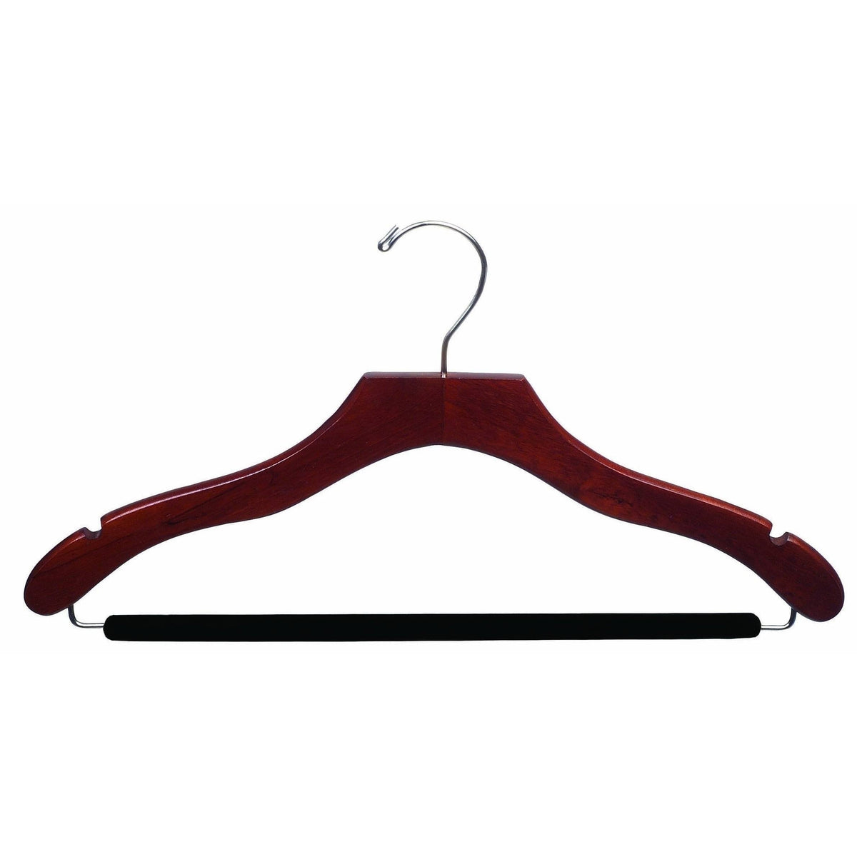 Walnut Suit Hanger with Black Velvet Non-Slip Bar and Notches, Case of 50 R212