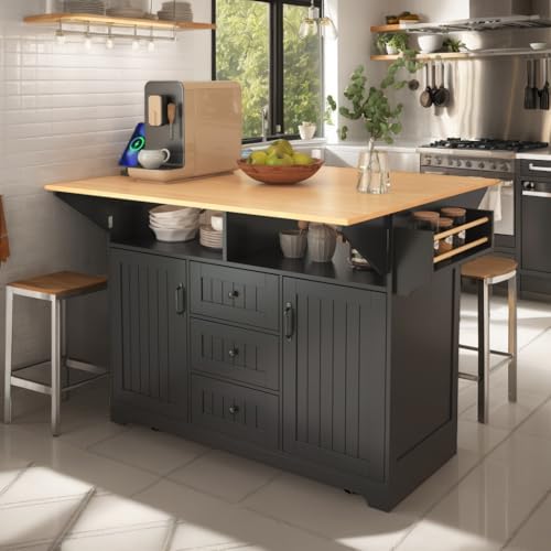 Black Kitchen Island with 2 Drop Leaf, 3 Drawers, Storage Cabinet X504760