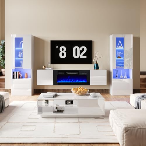 White High Gloss Entertainment Center with LED Lights, 40" Electric Fireplace, 2 Bookcases with Glass Doors B335557