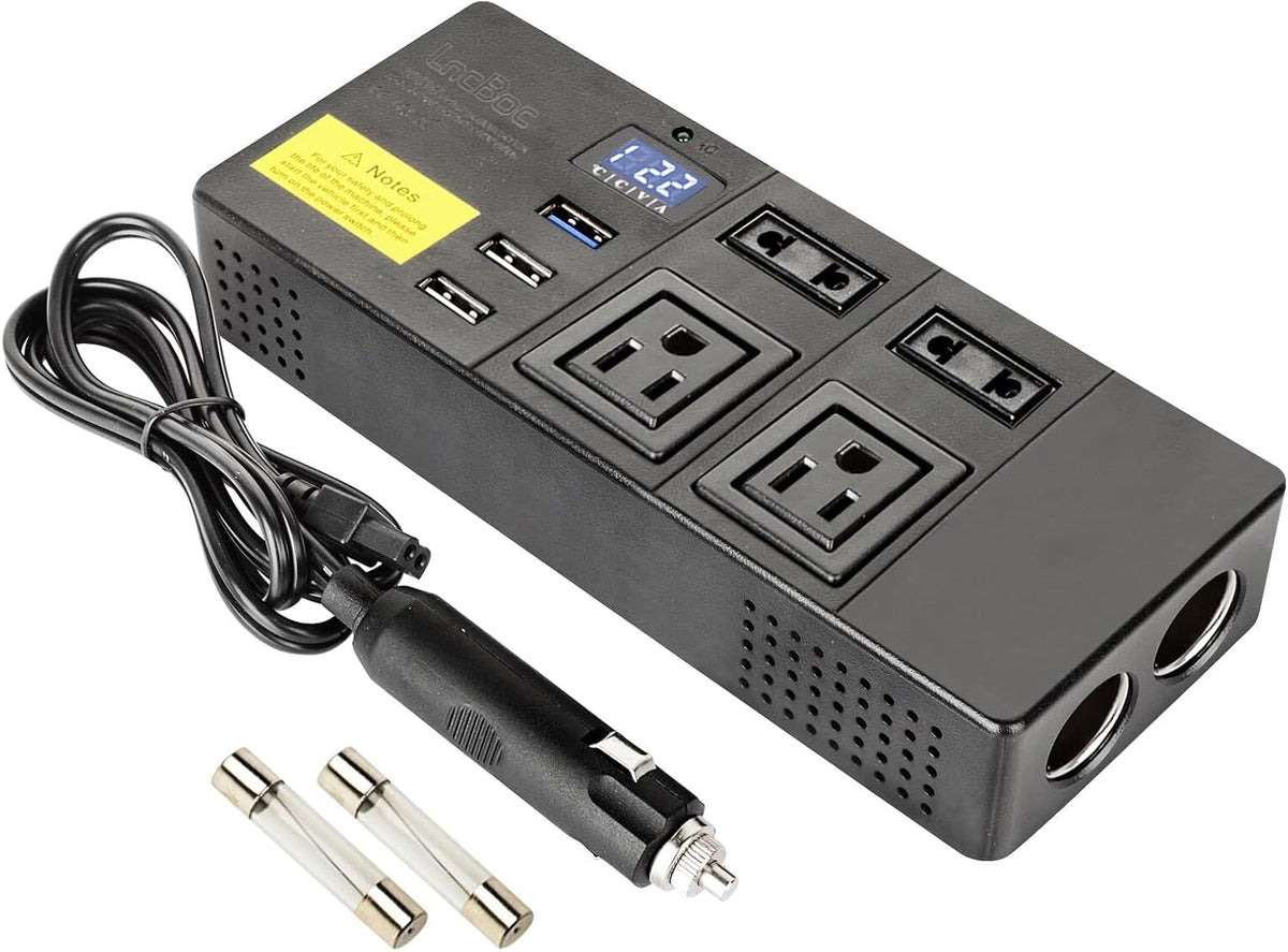200W Car Power Inverter DC 12V&24V to 110V AC, Dual Cigarette Lighter, 4 AC Outlets and 3 USB Ports Pack of 2 Z42982