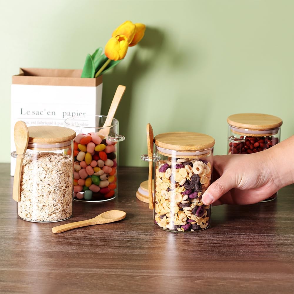 17 OZ Glass Containers with Bamboo Lids and Wooden Spoons (6 Pack) A6081
