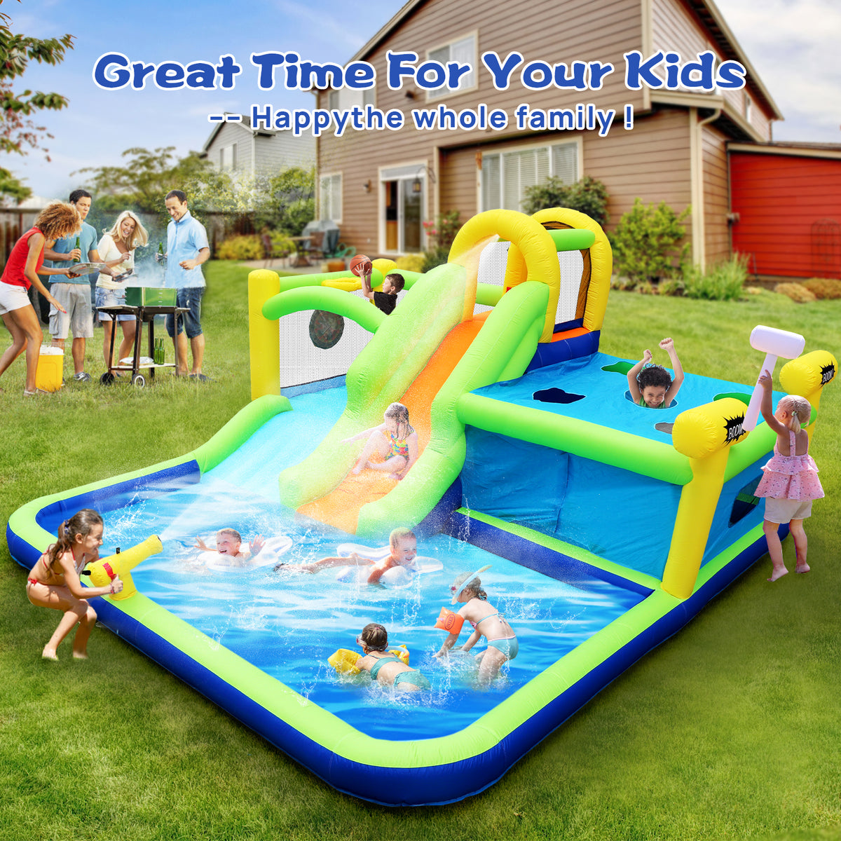 7 in1 Inflatable Water Park Bouncer with Splash Pool Z943827