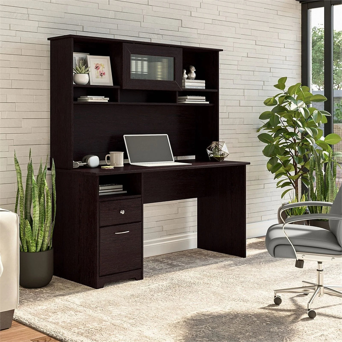 60" Contemporary Wood Desk with Hutch in Espresso Oak P913821
