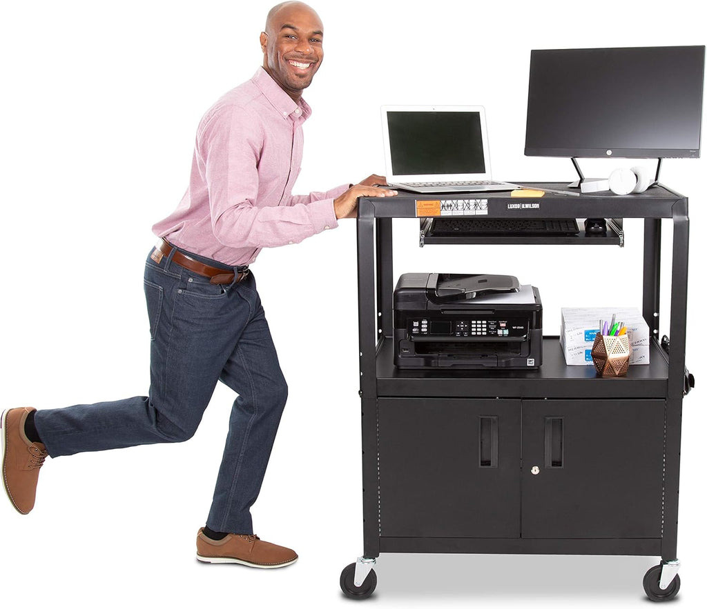 Extra Wide AV Cart with Locking Cabinet and Pullout Keyboard Tray S89360