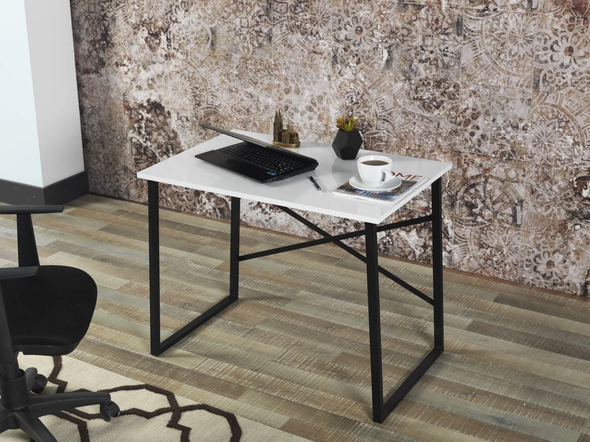 Black Metal Frame Wooden Top Writing and Computer Desk Q364550