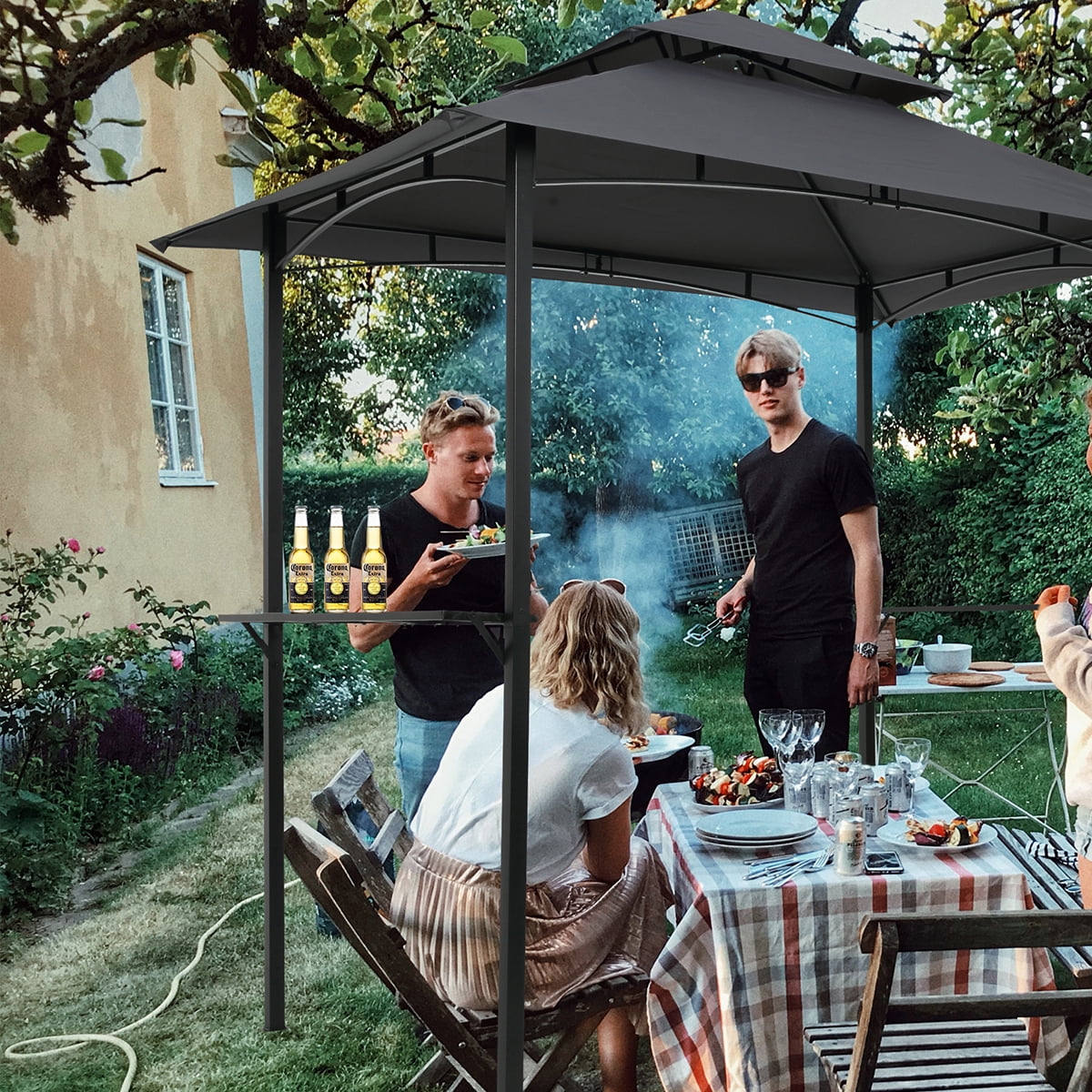 Double Tier Steel Frame BBQ Grill Gazebo Canopy with Bar Counters M814368