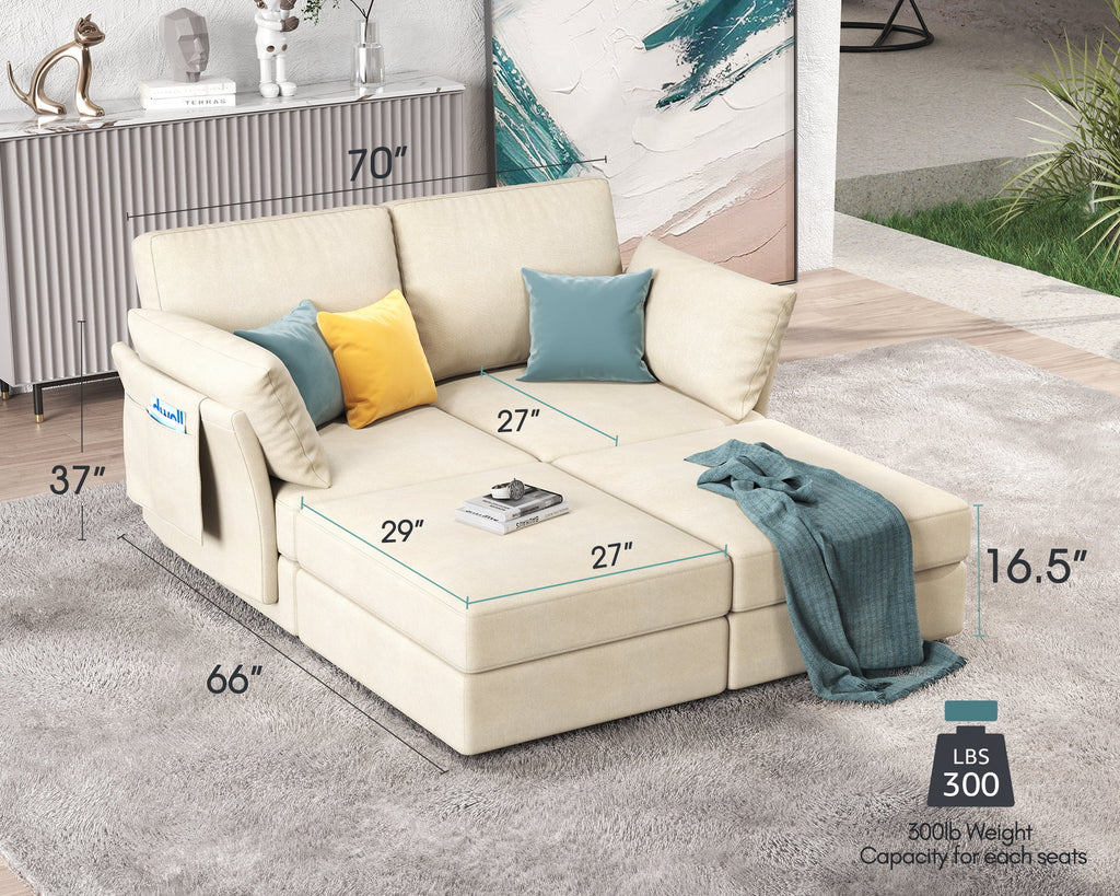 70 Inches Beige Chenille 4 Seats Sectional Sofa with Storage F6044