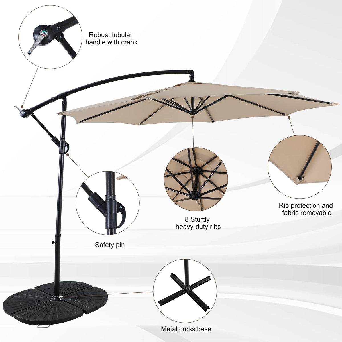 10ft Beige Patio Offset Cantilever Umbrella with Crank Handle N4239