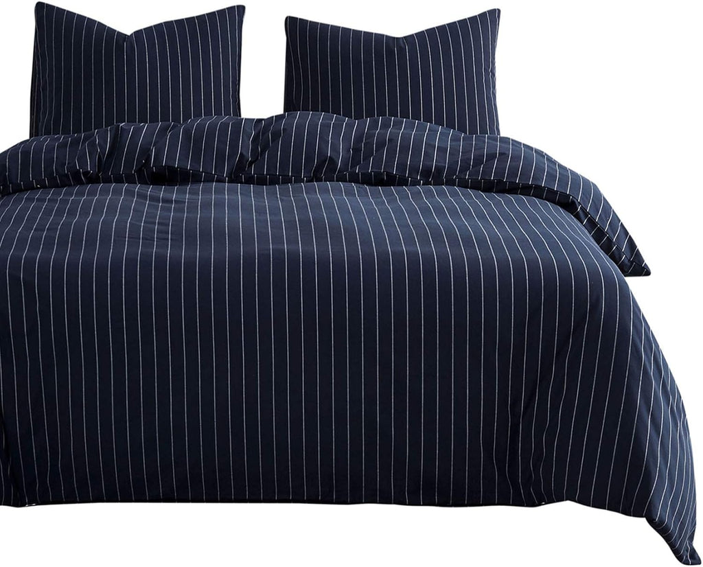 Navy Striped Comforter Set, 100% Washed Cotton, Queen Size F68683