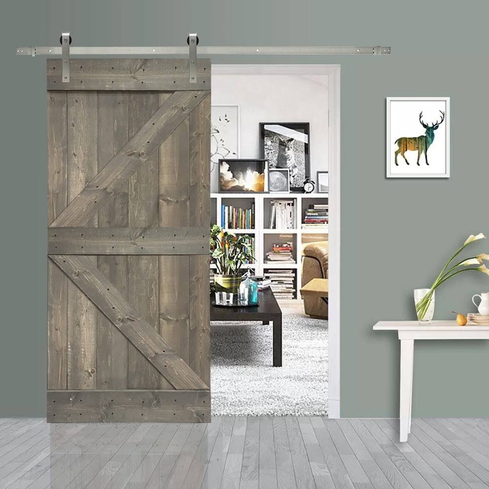 36 in. x 84 in. Gray Stained Knotty Pine Wood Interior Sliding Barn Door with Hardware Kit W7201