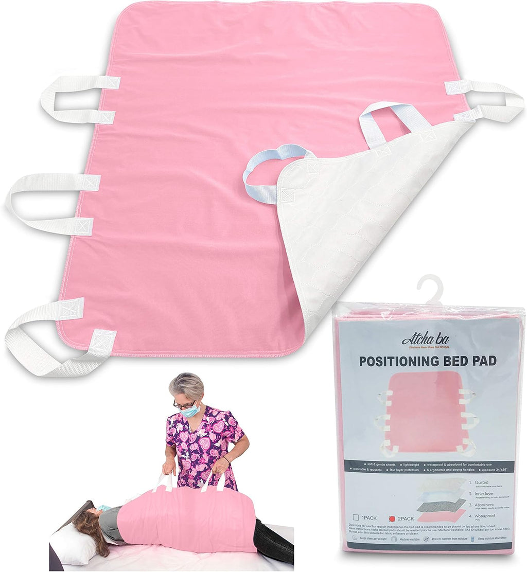 Waterproof Reusable Incontinence Bed Pad with 6 Handles, 34” x 36” (2-Pack Pink) A735905