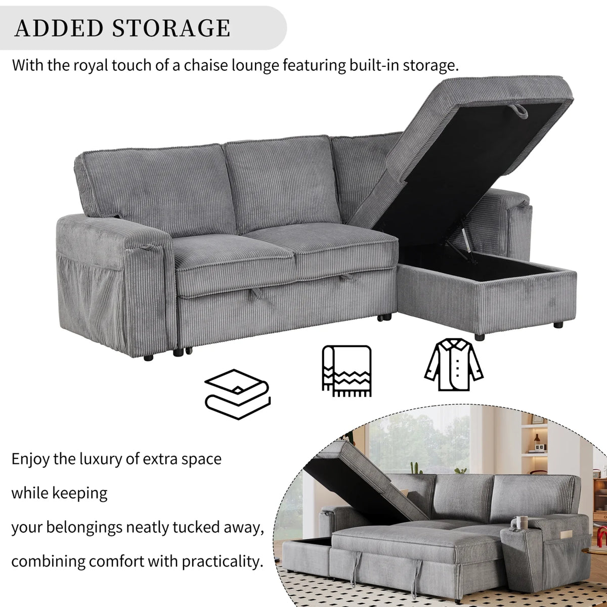 5 Seat Corduroy Fabric Sleeper Sectional Sofa with Storage Ottomans E2335
