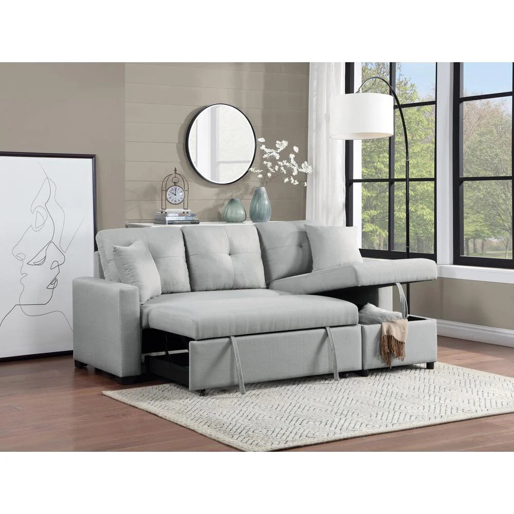 Gray Linen Reversible Sleeper Sectional Sofa with Storage Chaise T182731