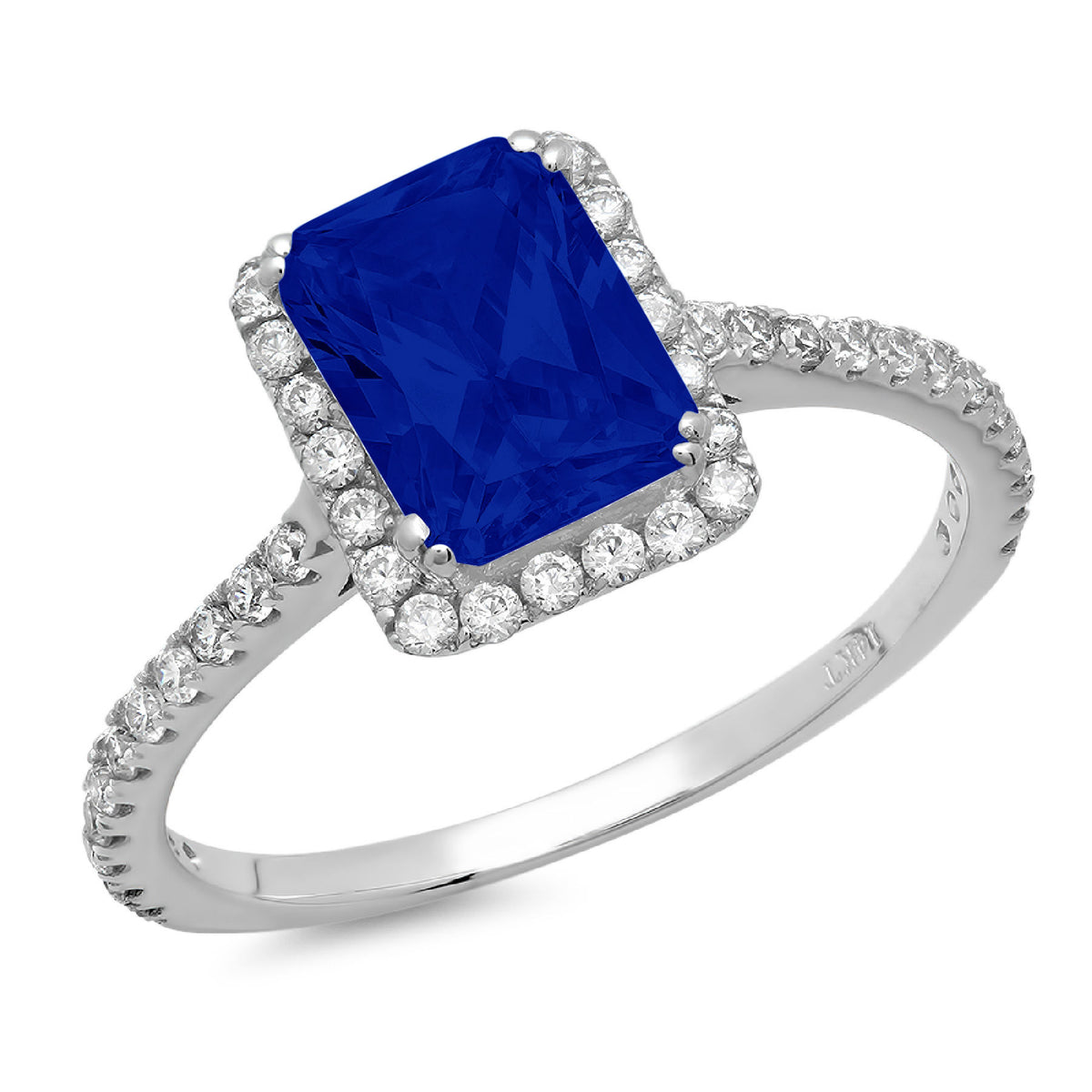 18k White Gold Emerald Cut Blue Halo Ring Size 3.5 D14975