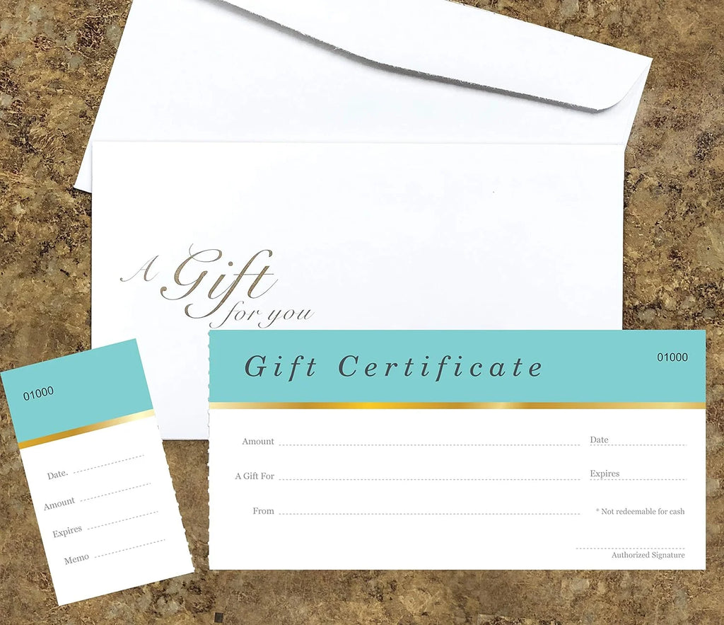 25 Set Aqua Blue Blank Gift Certificates with Matching Envelopes G9102