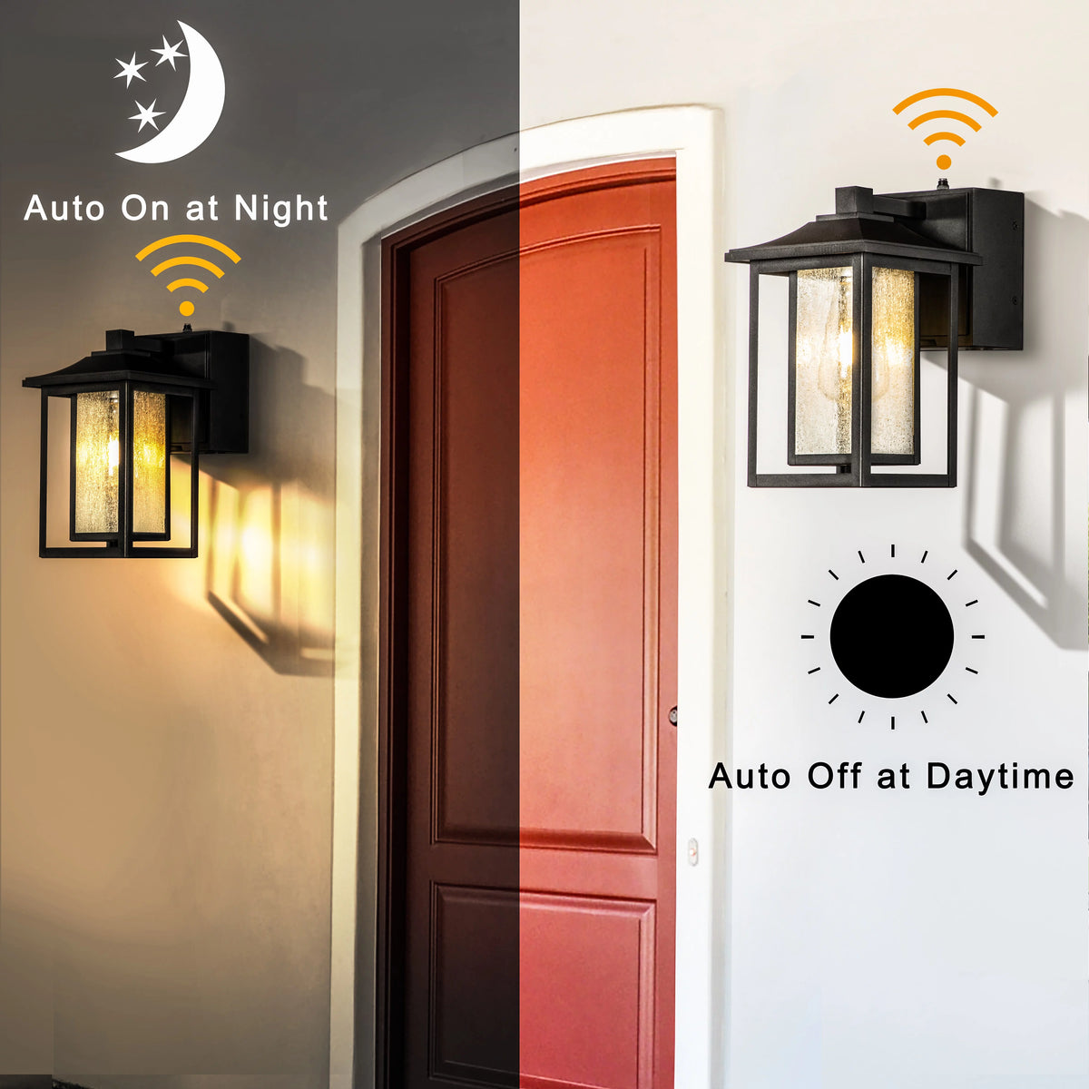Black Dusk to Dawn Sensor Outdoor Wall Sconces with Seeded Glass and GFCI Outlets A70626