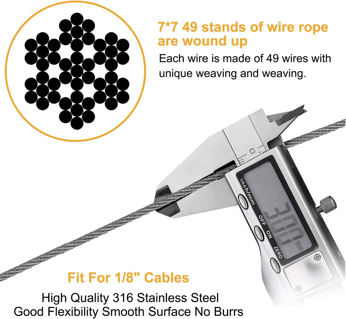 1/8 inch T316 Stainless Steel Cable Railing Kit with Crimp Sleeves and Thimble D100