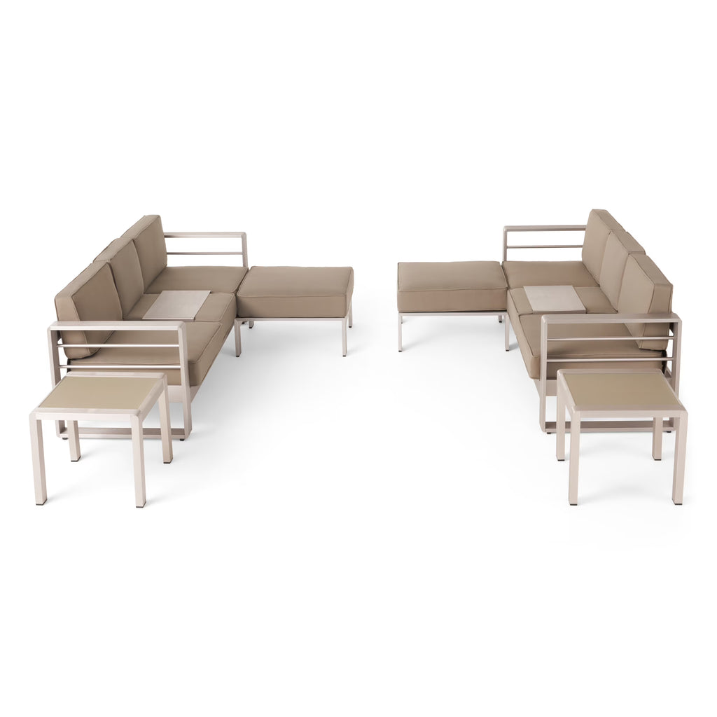6 Seater Aluminum Sofa and Ottoman Set with Side Tables, Silver and Khaki S7846