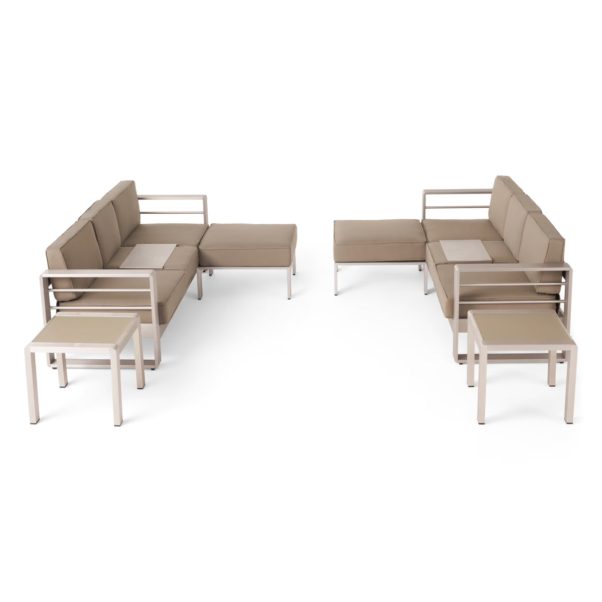 6 Seater Aluminum Sofa and Ottoman Set with Side Tables, Silver and Khaki S7846
