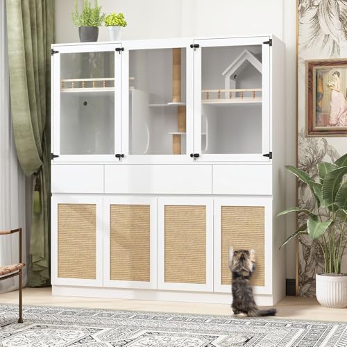 White Cat Litter Box Enclosure with Scratch Post, Stairs, Storage Drawers, Shelves, Sisal Doors E28383