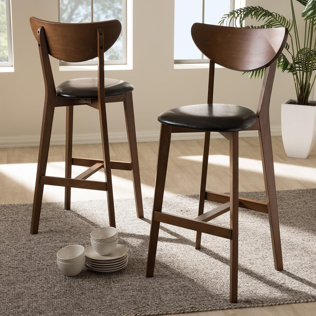 Faux Leather Stool with Back, Black and Walnut Brown, 2-Pieces/Set U9239