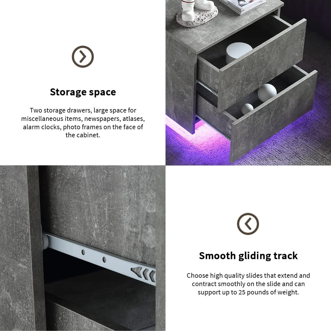 LED Nightstand Bedside Table Set Of 2 with 2 Drawers I508135