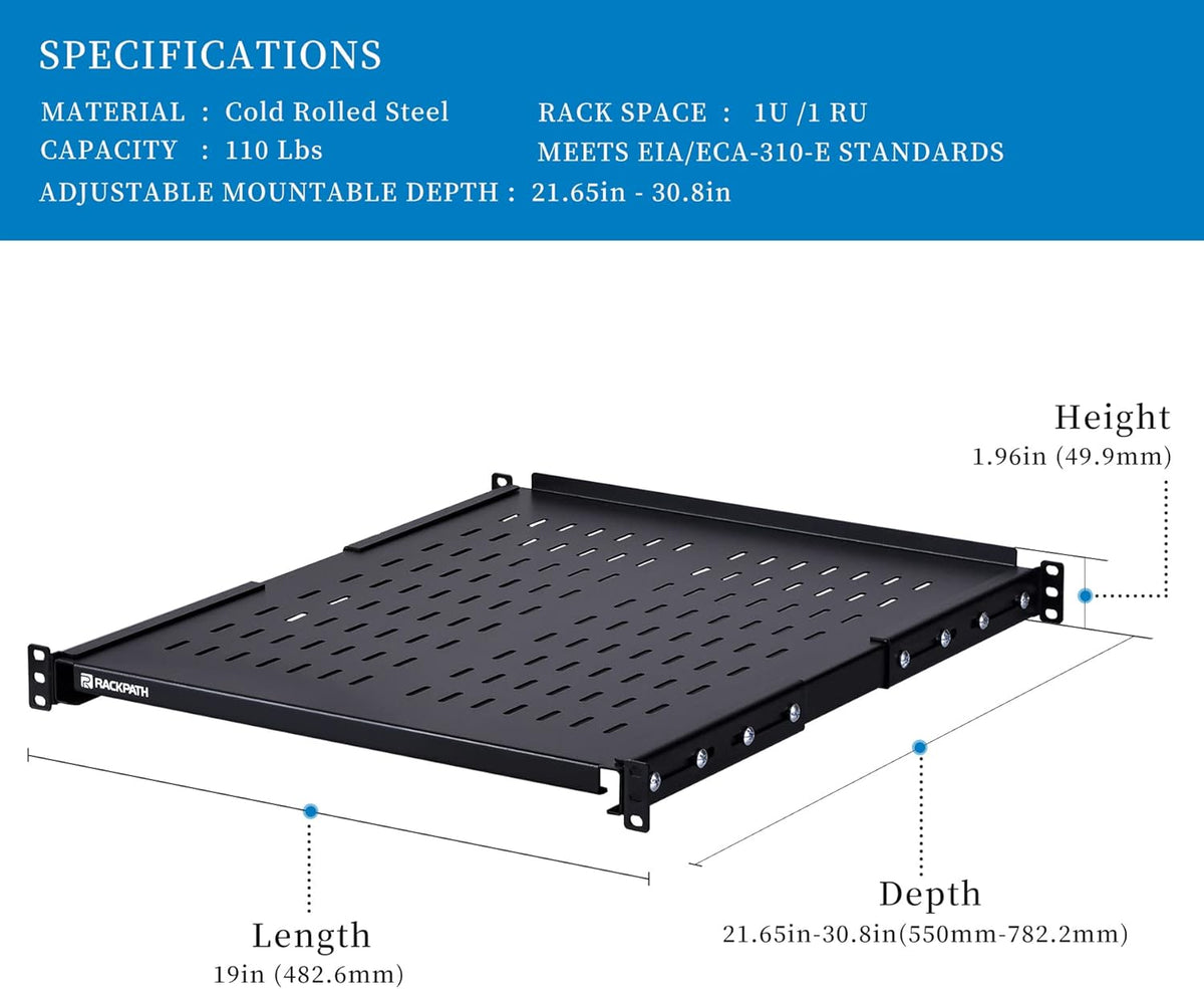 1U Adjustable Server Rack Shelf, 21.65 – 30.8 Inches, 242lbs Capacity, Pack of 2 V6543