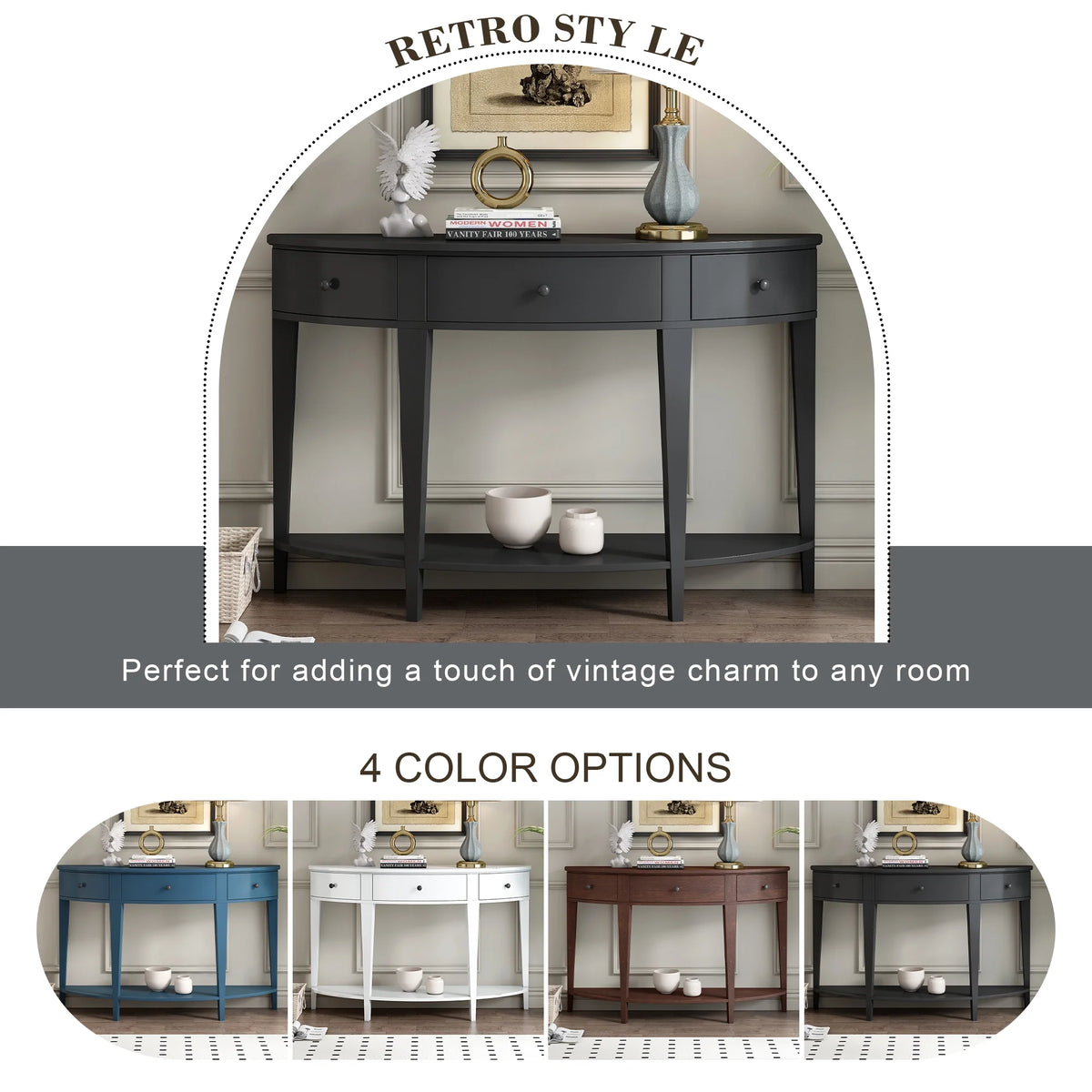 Black Curved Console Table with 3 Drawers C26194