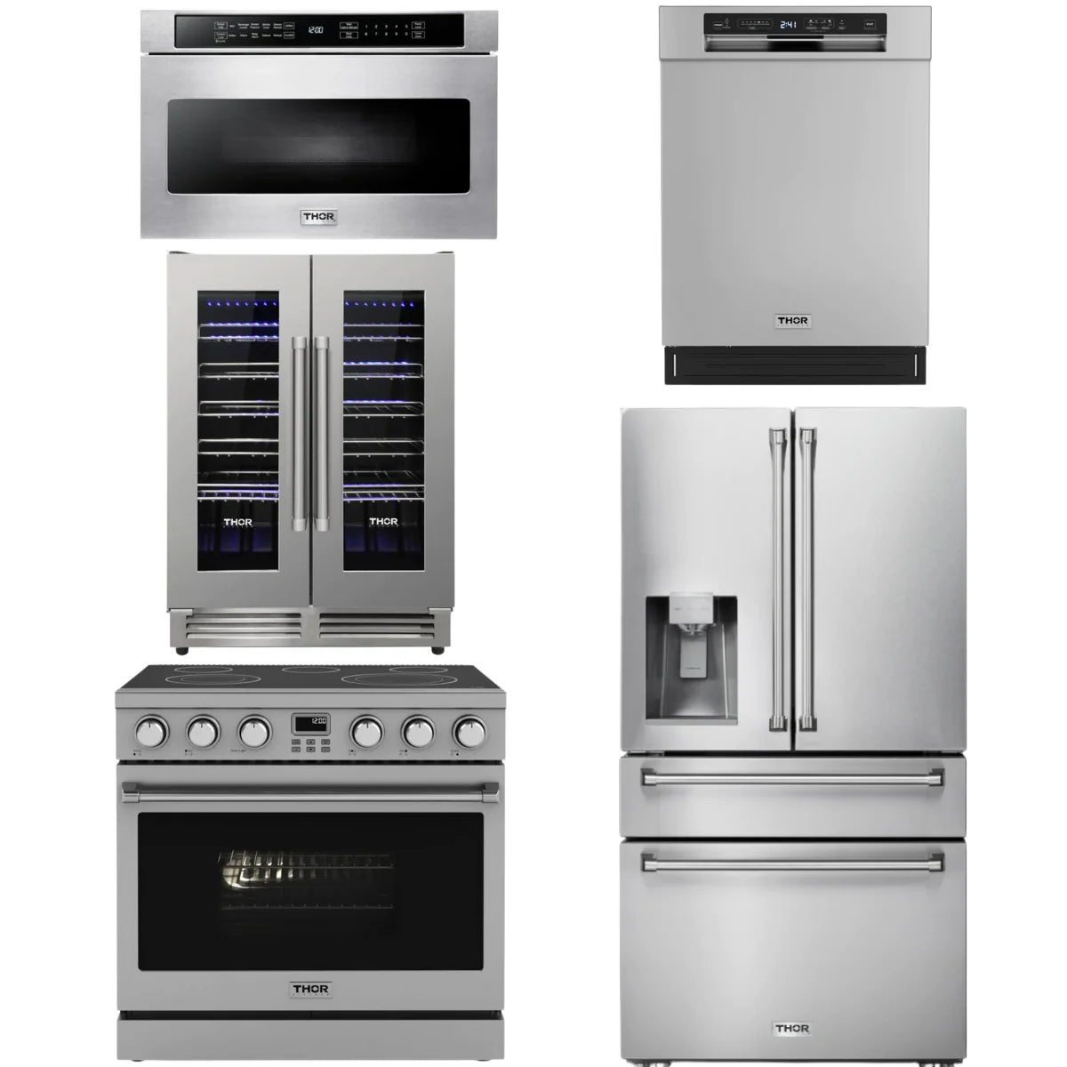 36 Electric Range, Refrigerator, Dishwasher, Microwave and Wine Cooler B587