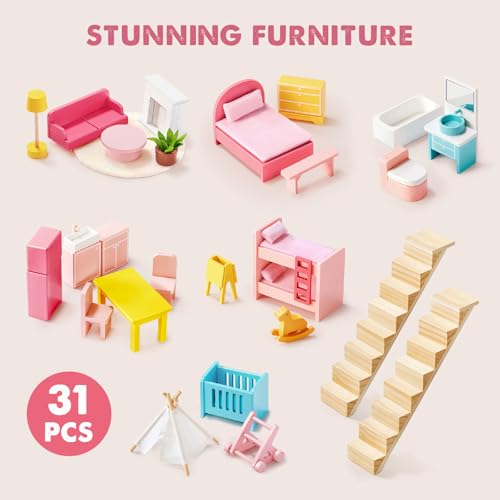 Wooden Dollhouse with 31Pcs Furniture Accessories D8240