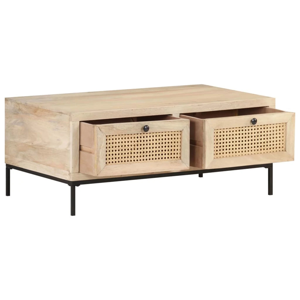Mango Wood and Natural Cane Coffee Table with 2 Storage Drawers F181