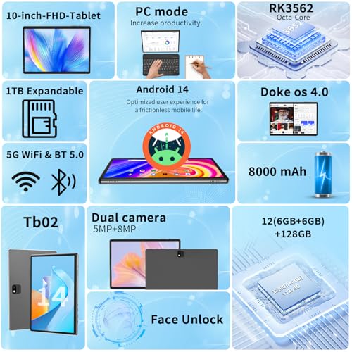 Android 14 Tablet with Keyboard, 12GB RAM, 128GB Storage, 10 Inch 2-in-1 Tablet X812