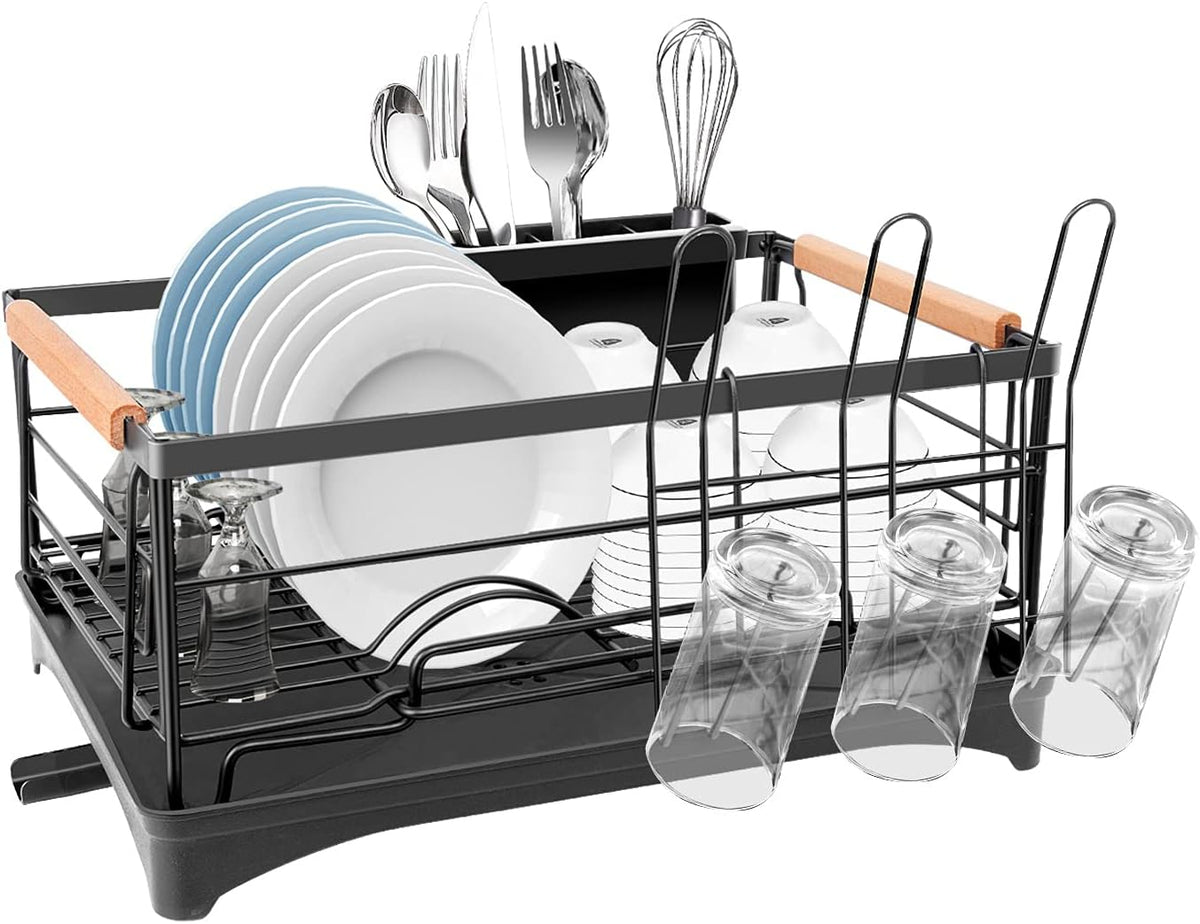 Black Dish Drying Rack with Drying Board and Utensil Holder O516777