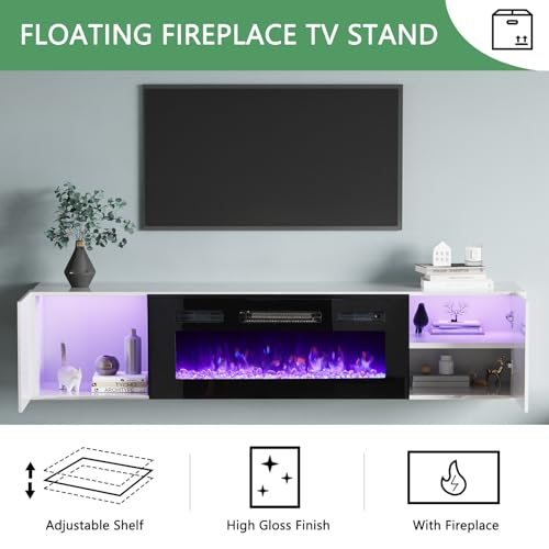 White High Gloss Entertainment Center with LED Lights, 40" Electric Fireplace, 2 Bookcases with Glass Doors B335557