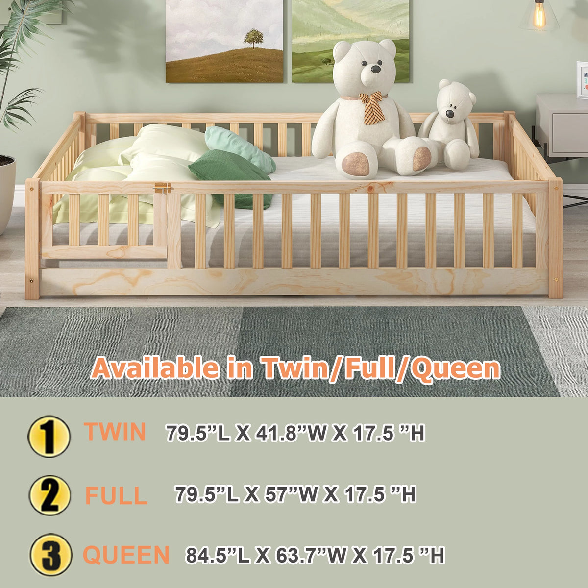 Full Size Wood Floor Bed with Fence Railings M56426